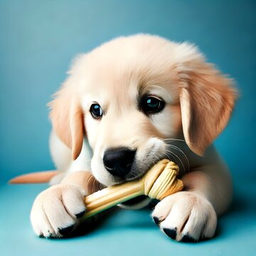 Cute dog with a bone on a blue background