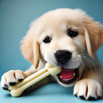 Cute dog with a bone on a blue background