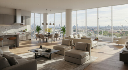 Naklejka premium a living room dining kitchen space with floor to ceiling windows panoramic views