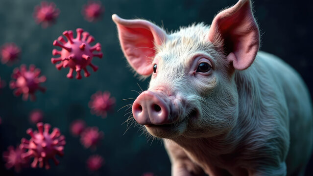 Pig surrounded by virus particles, symbolizing the transmission of zoonotic diseases, viral threats in livestock farming. Swine flu virus. African swine fever virus ASFV