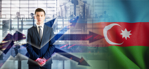 Outsourcing, onboarding and recruiting. Azerbaijan. Flag. Symbol of state power. Arrows with trails...