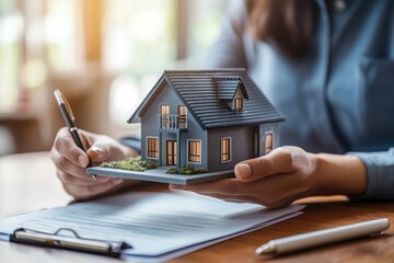Fototapeta premium Hands Holding Model House with Documents on Table in Professional Real Estate Transaction Setting