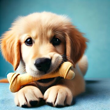 Cute dog with a bone on a blue background