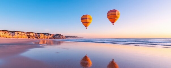 Stunning panoramic view of colorful hot air balloons floating in the vibrant sky over a tranquil beach with a serene ocean horizon at sunset