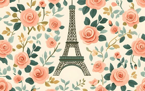 Vintage Parisian-inspired pattern featuring the Eiffel Tower, roses, and ornate flourishes in soft pastel hues