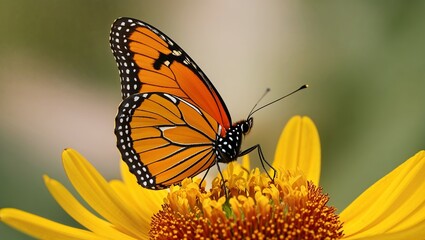 Fototapeta premium A vibrant monarch butterfly rests on a yellow flower in bloom.