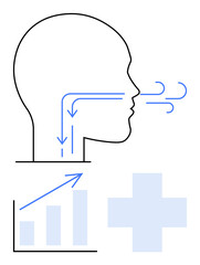 Head silhouette with airflow arrows, medical cross, and growth chart. Ideal for healthcare, anatomy, breathing, wellness, recovery diagnostics education. Flat simple metaphor