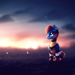 A blue cartoon pony wearing a crown during a beautiful sunset