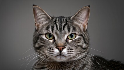 Obraz premium A beautiful close-up of a grey tabby cat featuring vibrant green eyes.