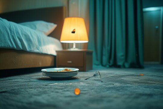 Habitaci&oacute;n de hotel desordenada con platos sucios y una l&aacute;mpara encendida por la noche