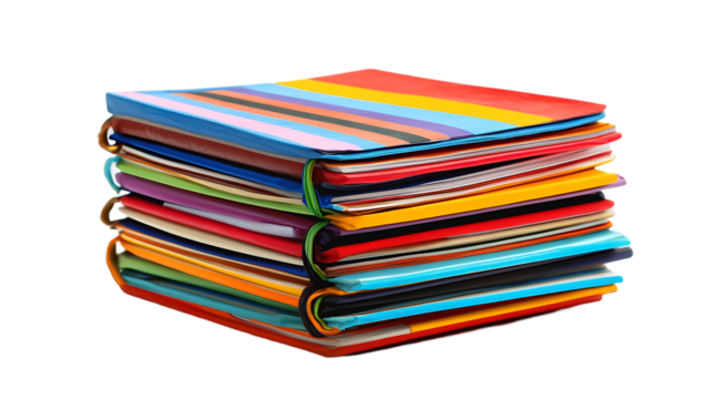 Stack of colorful ringed binders with striped and solid covers