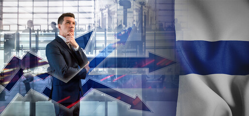 Outsourcing, onboarding and recruiting. Finland. Flag. Symbol of state power. Arrows with trails...