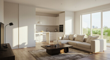 Fototapeta premium a living room with a hidden kitchen behind sliding doors flexible use of space
