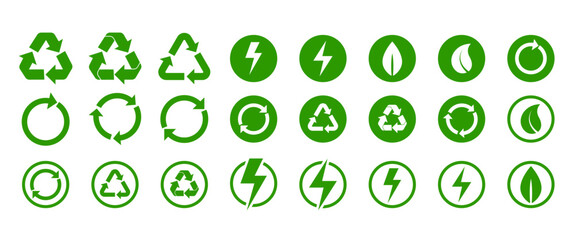 Isolated Green Ecology vetor symbol, Recycle Icon set, Environmrntal, ECO, Clean Energy graphic elements, Recycling illustration clip art on Transparent background (Editable)