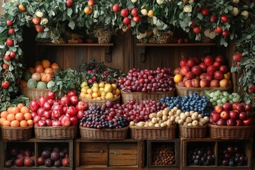 Seasonal Produce Display Featuring Vibrant Fruits and Vegetables in Wooden Crates and Baskets at a Local Market