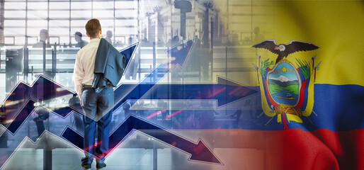 Outsourcing, onboarding and recruiting. Ecuador. Flag. Symbol of state power. Arrows with trails...