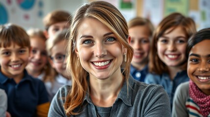 Fototapeta premium Smiling Teacher Surrounded by Happy Students in a Classroom Setting