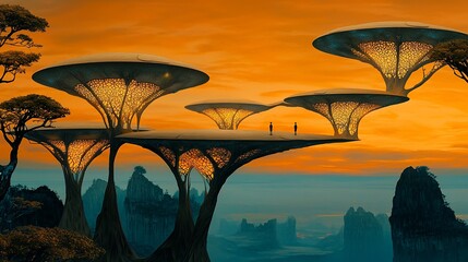 Floating Cityscape Sunset Scenery