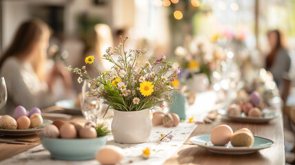 Easter Table Setting. A beautifully decorated Easter table with flowers, eggs, and a white runner. Family gathering in the background.