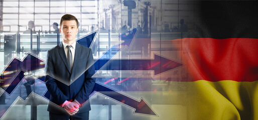 Outsourcing, onboarding and recruiting. Germany. Flag. Symbol of state power. Arrows with trails...