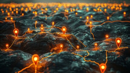 Futuristic digital map featuring illuminated location pins and advanced network connections