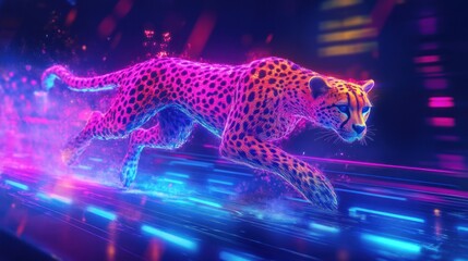 A Cyberpunk Cheetah Sprinting Through Futuristic Cityscape with Neon Lights and Vibrant Colors