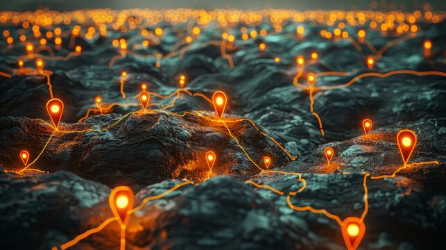 Futuristic digital map featuring illuminated location pins and advanced network connections