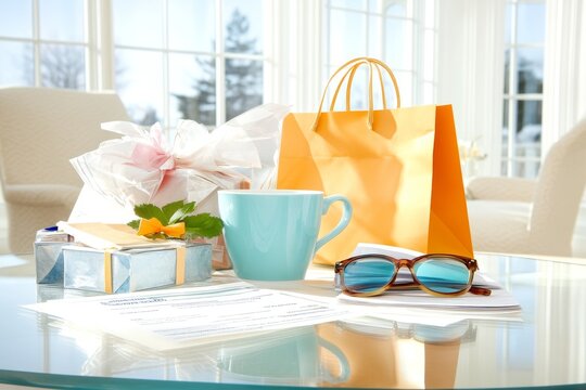 Hotel espacioso con bolsas de compras abiertas y detalles acogedores en una habitaci&oacute;n luminosa