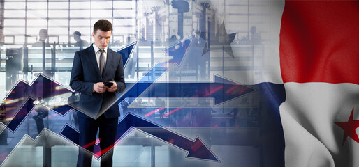 Outsourcing, onboarding and recruiting. Panama. Flag. Symbol of state power. Arrows with trails and directions. The concept of strategy or pluralism of opinions. A man in a business suit stands tall.
