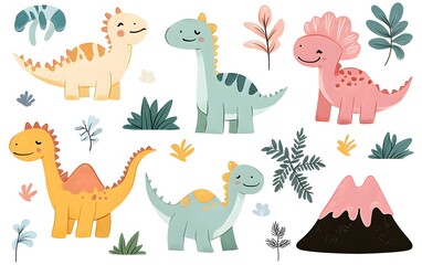 Fototapeta premium Cute pastel dinosaurs in a hand-drawn doodle style, surrounded by volcanoes and prehistoric plants