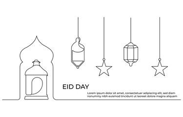continuous line drawing Islamic decoration with star and moon in simple linear style Arabic religious holiday celebration