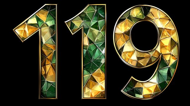 Number 119 in gold and green mosaic style.