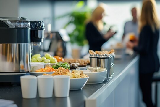 Refreshing Coffee Break with Delicious Snacks and Healthy Options in Modern Office Environment - Powered by Adobe