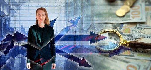 Arrows with trails and directions. The concept of strategy or pluralism of opinions. Woman employee in suit. Company buisiness working. People
