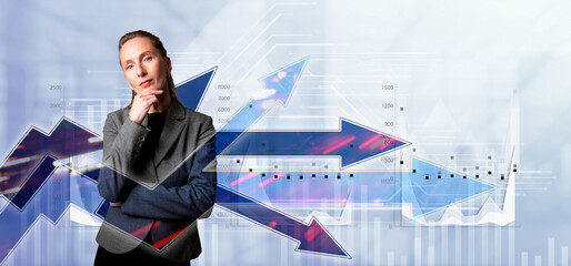 Arrows with trails and directions. The concept of strategy or pluralism of opinions. Woman in suit. Standing and look. Listening and wait. Thinking