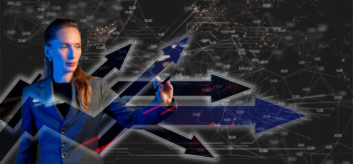 Arrows with trails and directions. The concept of strategy or pluralism of opinions. Woman in suit. Employee at work. Use pencil. Dark background