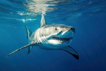 Naklejka premium Great White Shark Swimming Gracefully in Clear Ocean Waters with Sunlight Streaming Down