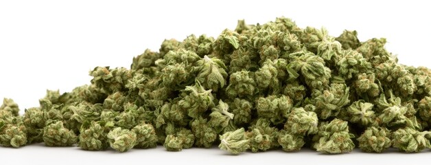 Premium quality cannabis buds carefully arranged in a neat pile on a clean surface reflecting natural light, showcasing their lush green texture and unique characteristics