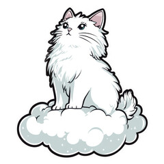Obraz premium Whimsical White Cat on Cloud: A Fluffy, Dreamy Cartoon Illustration for Pet Lovers and Graphic Design Enthusiasts, Perfect as Icon or Sticker