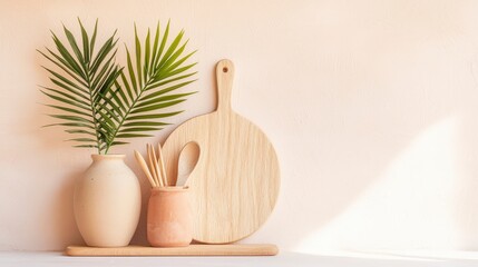 Serene Kitchen Still Life: A harmonious composition of natural elements in a soft, warm setting, perfect for showcasing a tranquil and inviting kitchen scene. 