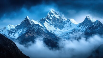 Obraz premium Majestic snow-capped peaks pierce ethereal clouds in a cool Himalayan vista
