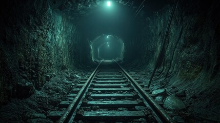 Naklejka premium Dark mine tunnel railroad tracks vanishing point