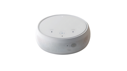 White smart home speaker with dot indicators sits alone