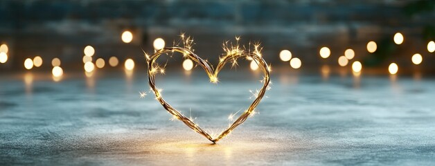 Sparkling heart made of decorative wire rests on a surface surrounded by soft glowing lights during an evening setting