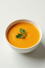 Aromatic Carrot Soup in a Simple White Bowl, Garnished with Fresh Herbs
