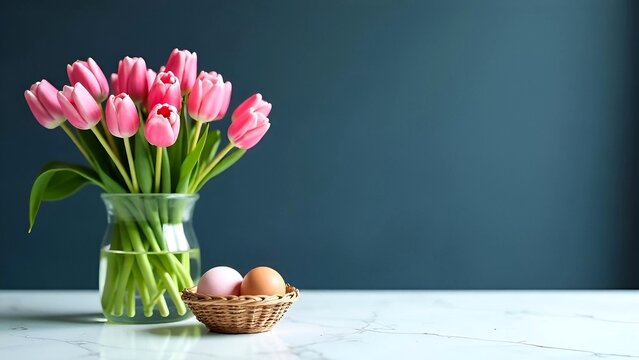 Bouquet of beautiful pink tulups in vase, marble table top, pastel eggs in basket, blur minimalistic scandinavian kitchen interior background, montage product display or design key visual layout