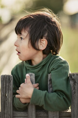 The boy has climbed the fence and is looking at it in surprise
