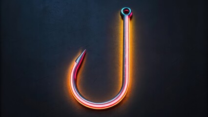 A neon outline of a phishing hook symbolizing online security threats and login credential theft.