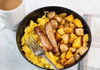  breakfast sausage  with scramble eggs and home fries