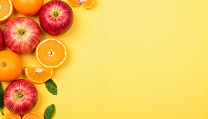 Vibrant organic apples and oranges on yellow backdrop, fresh appeal